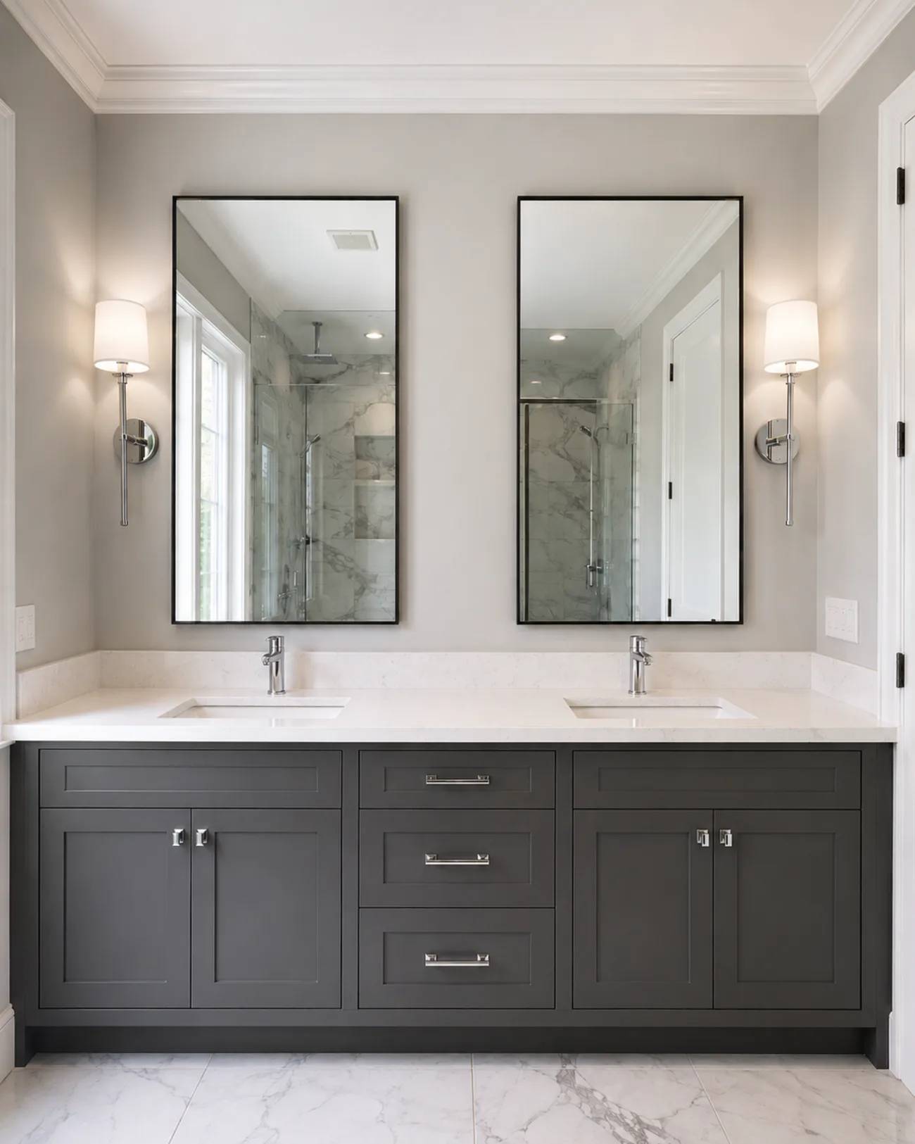 Remodeled bathroom with double vanity and marble shower