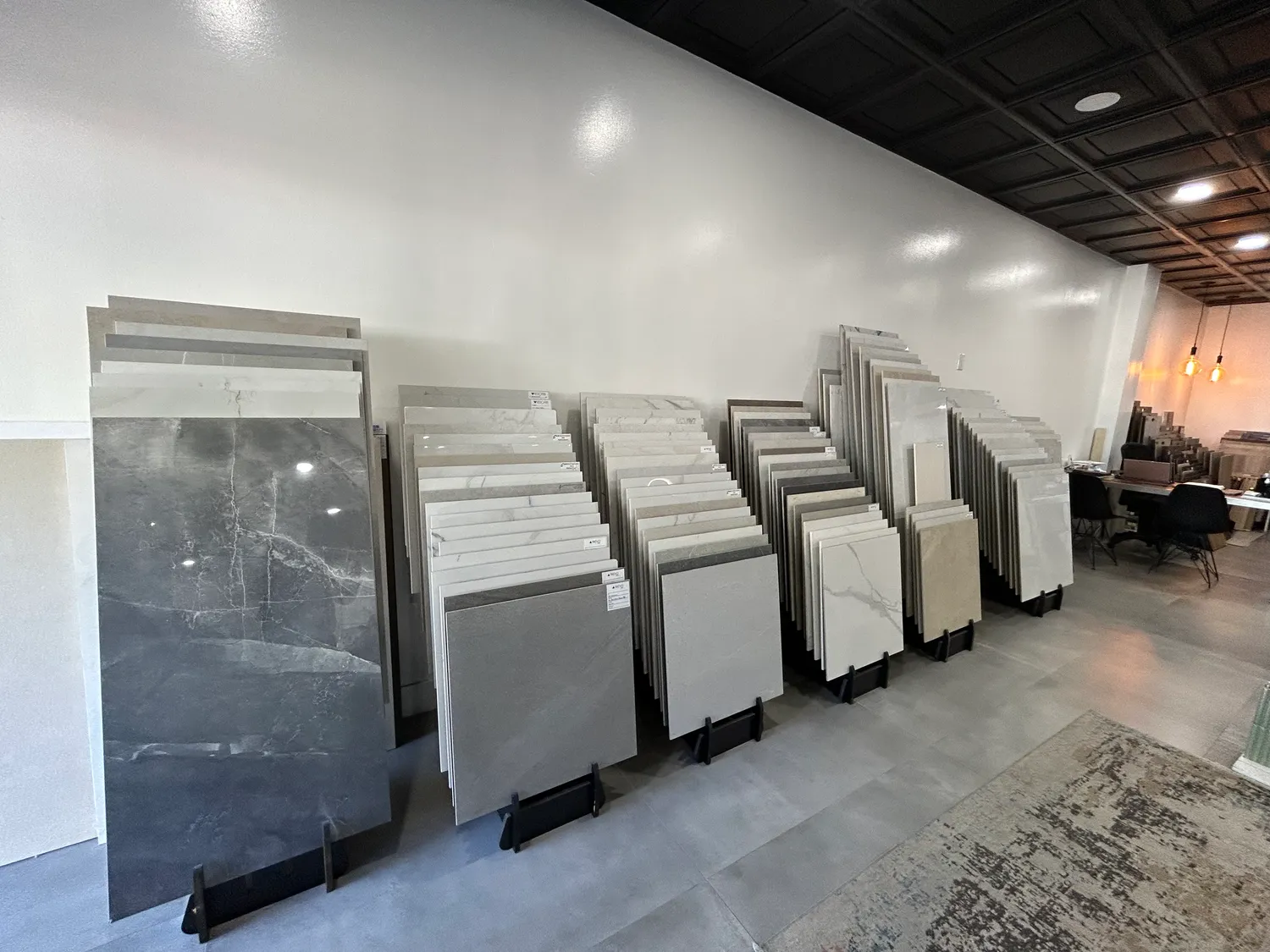 Wide view of the Vetromani showroom floor with tile, stone, and flooring displays